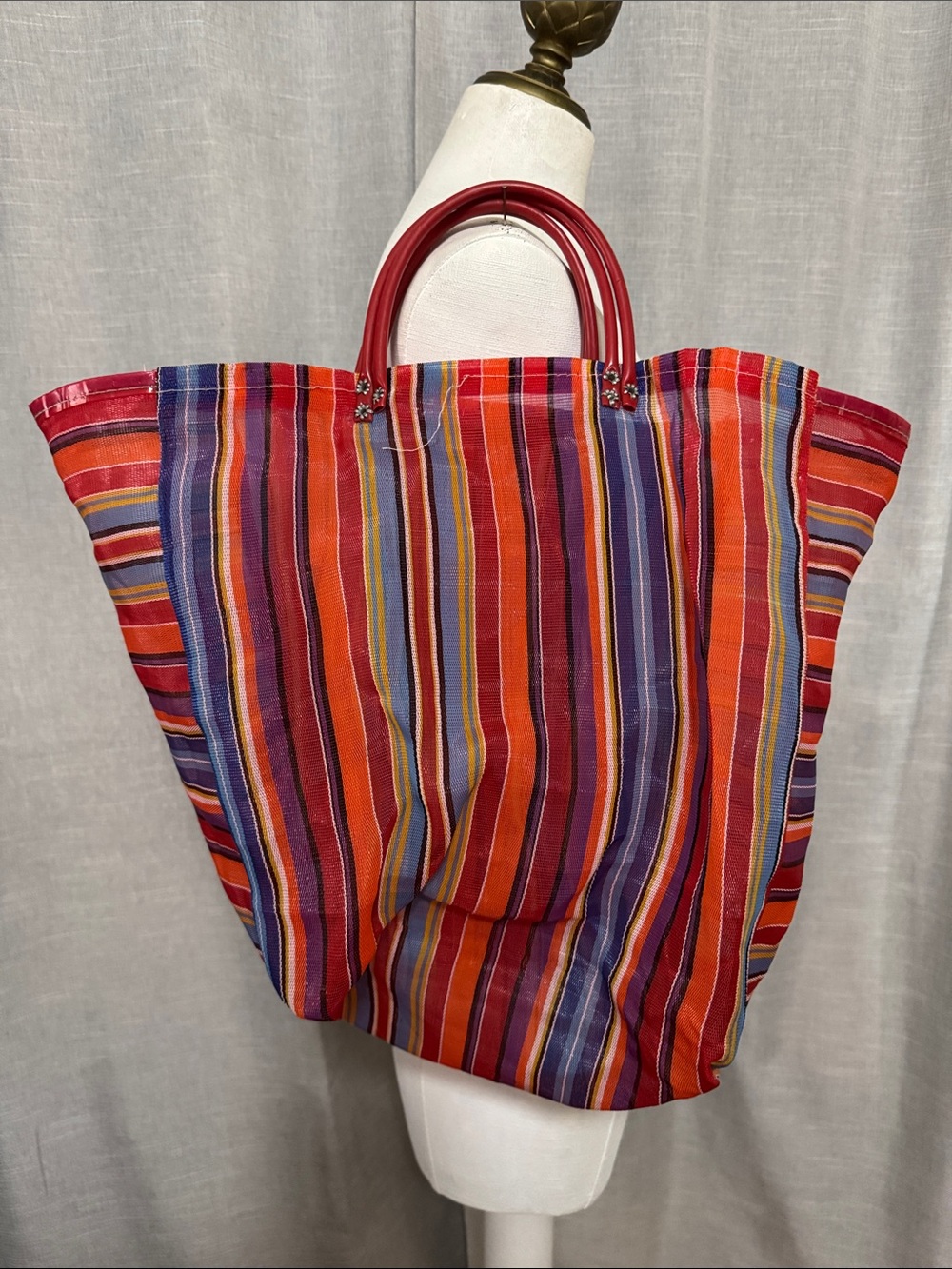 Vintage Woven Plastic Tote Bag-Rainbow Stripes-Mesh Look-Hand Carry Double Strap - Picture 2 of 13